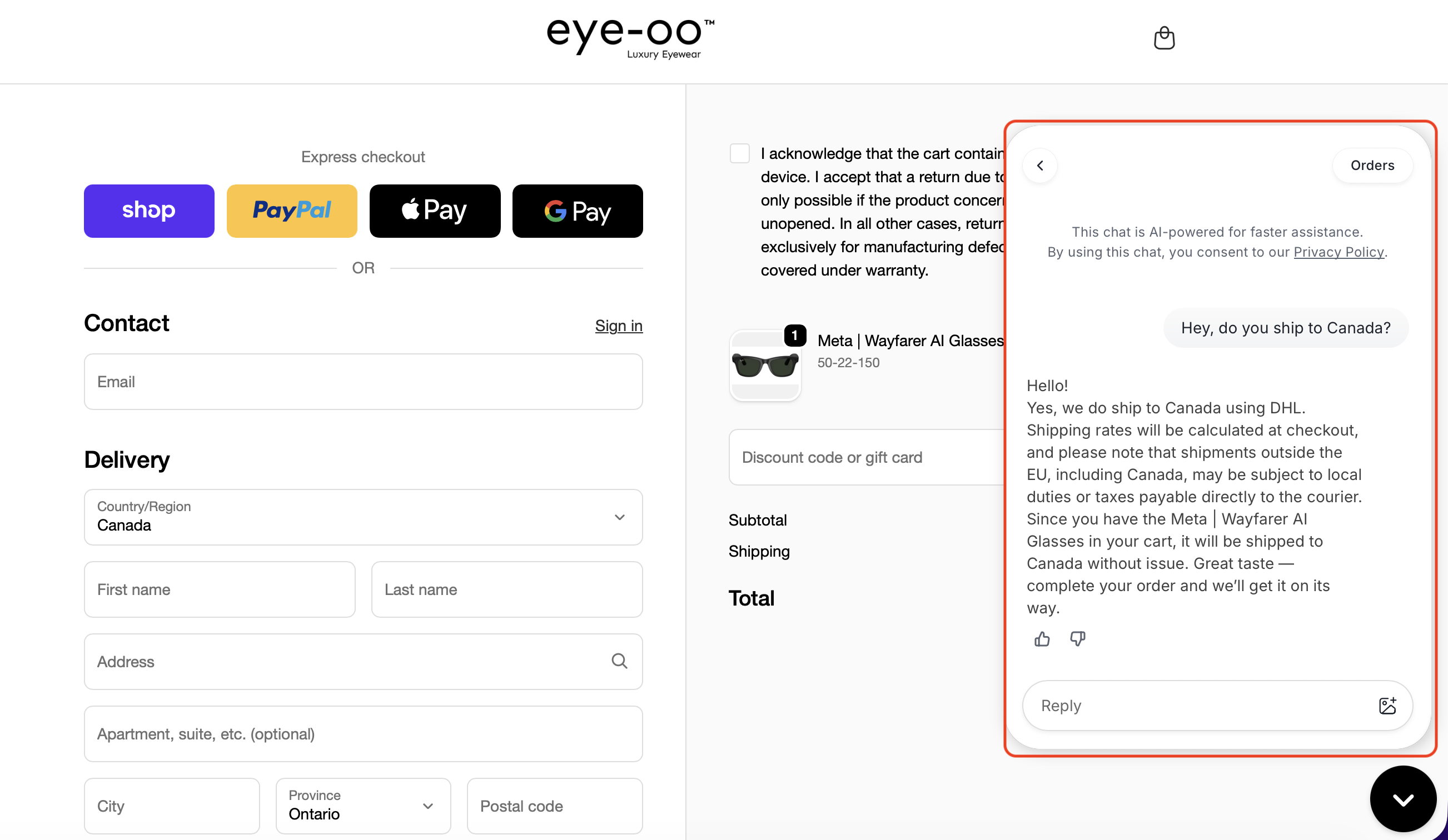 AI chatbot on the checkout page